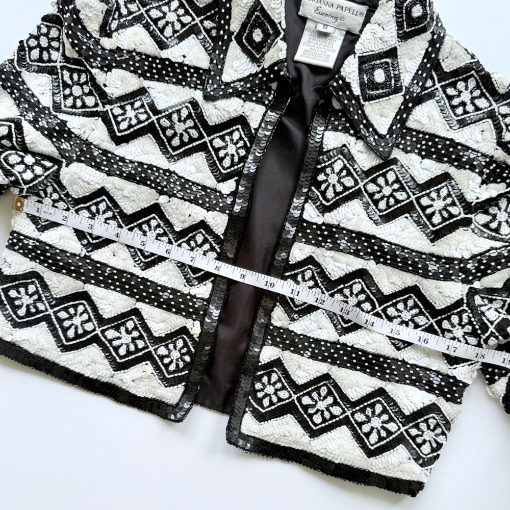 Vintage Adrianna Papell Beaded & Sequin Silk Bolero Jacket S Black & White - Picture 11 of 15